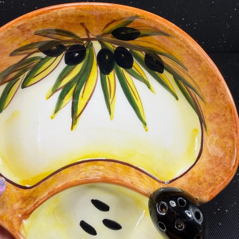 Hand Painted Ceramic Olive Serving Dish Mediterranean Signed 6in Orange Yellow